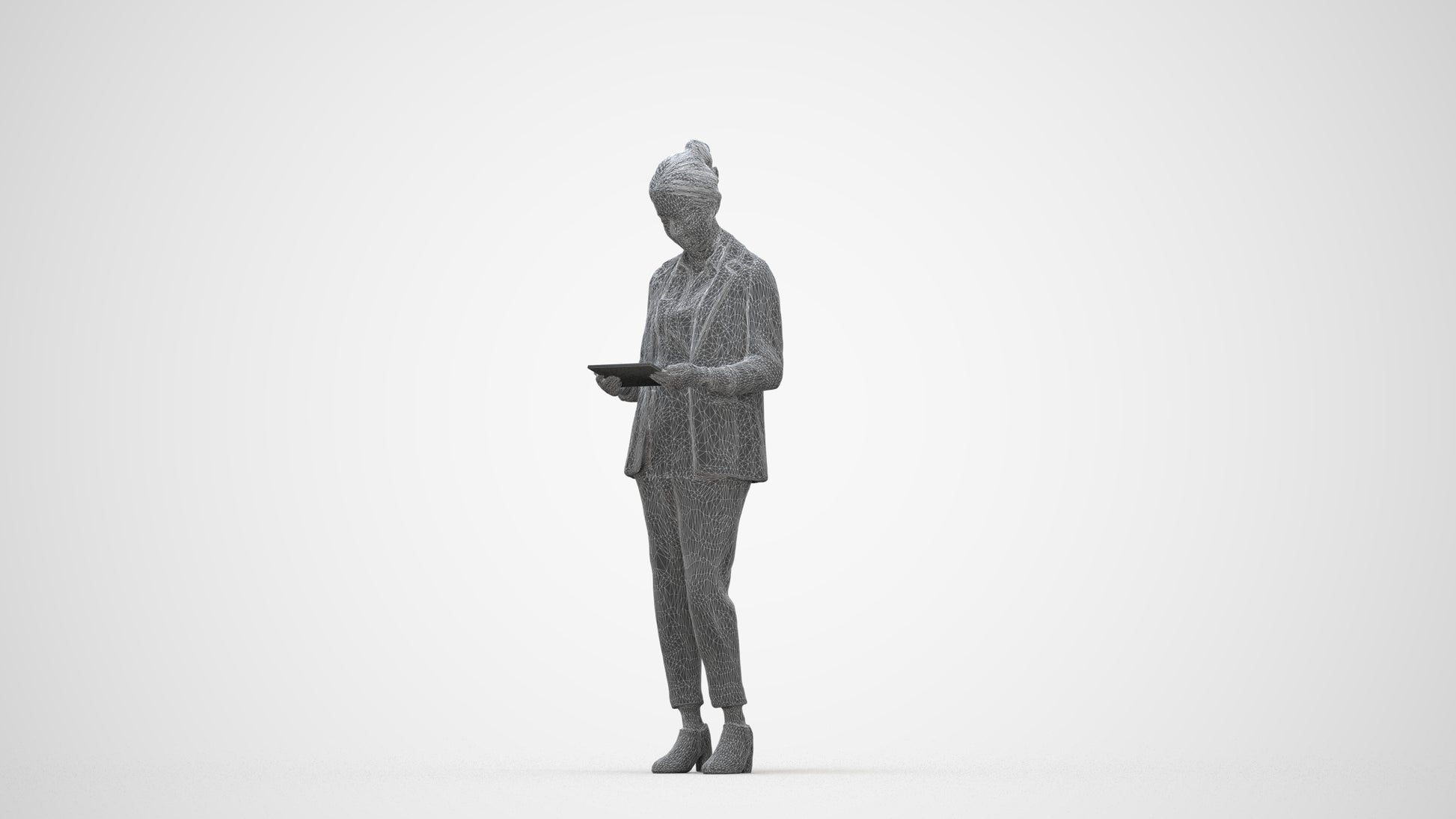 realistic 3D woman business standing, scanned archviz people for Blender and 3ds Max, wireframe back view