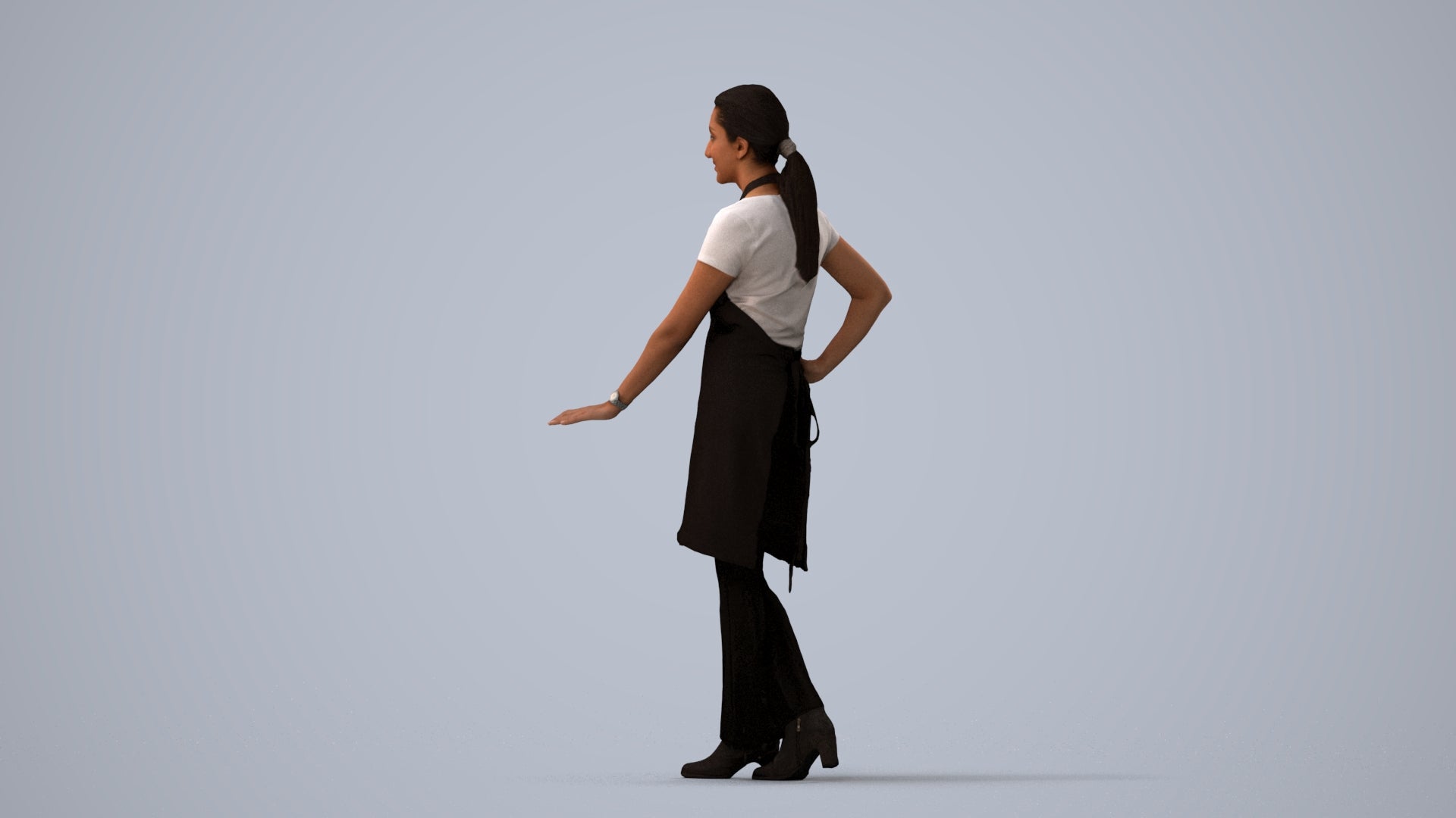 3D people model woman hospitality, scanned human for 3ds Max rendering, three-quarter view render