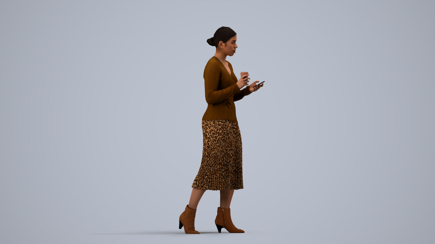 realistic 3D woman casual walking, scanned archviz people for Blender and 3ds Max, side view render