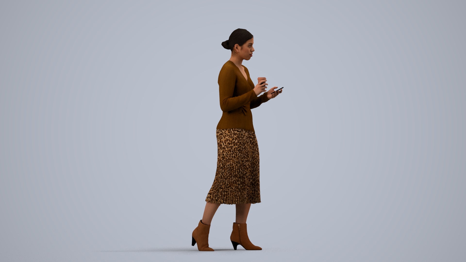 realistic 3D woman casual walking, scanned archviz people for Blender and 3ds Max, side view render