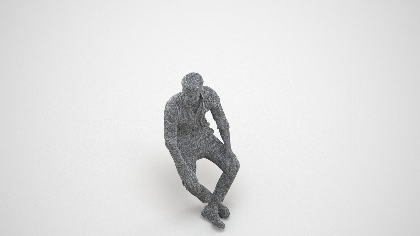 scanned 3D man casual sitting, photogrammetry people for Enscape and V-Ray, wireframe three-quarter view
