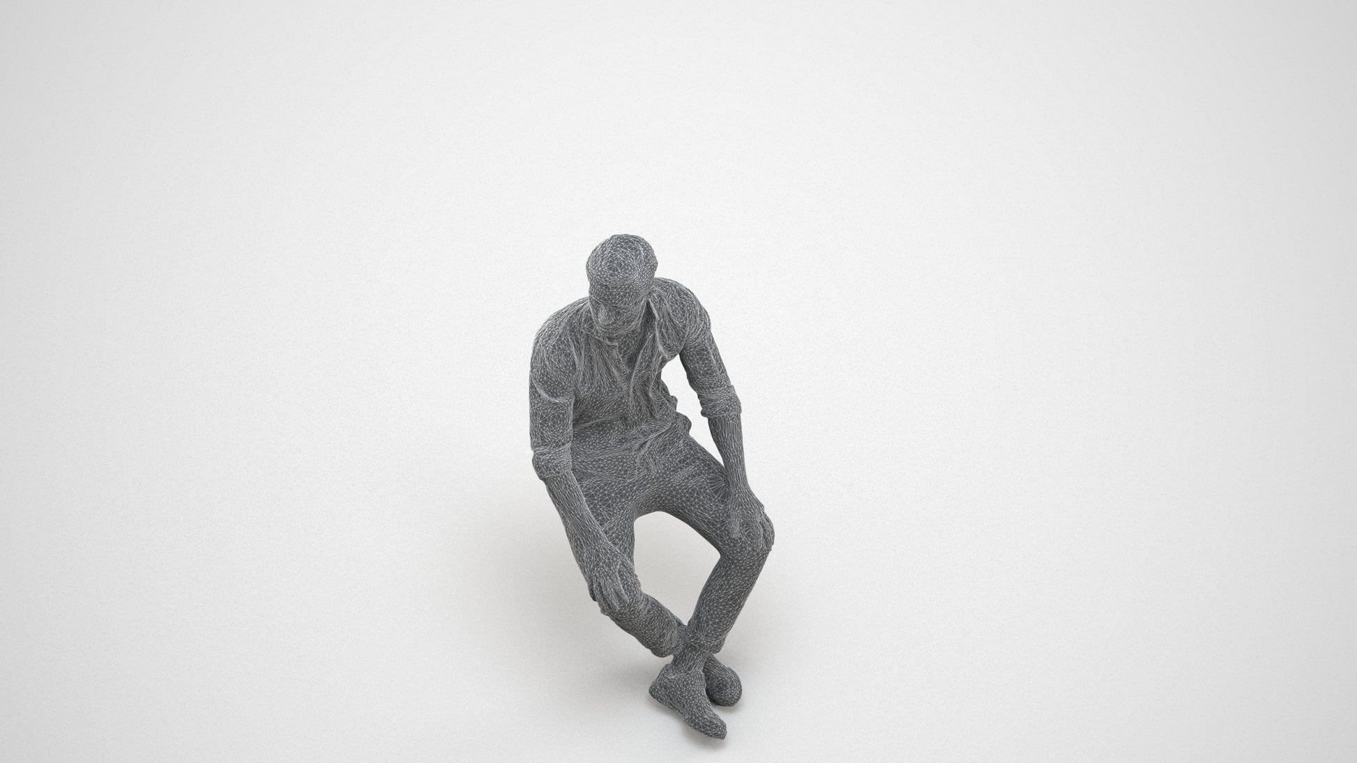 scanned 3D man casual sitting, photogrammetry people for Enscape and V-Ray, wireframe three-quarter view
