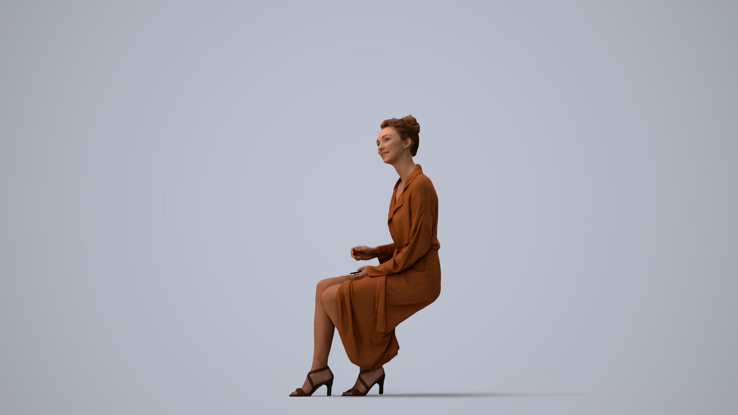 3D scanned woman sitting business, photorealistic archviz people for Enscape and SketchUp, three-quarter view render