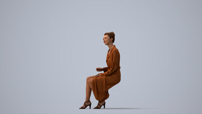 3D scanned woman sitting business, photorealistic archviz people for Enscape and SketchUp, three-quarter view render