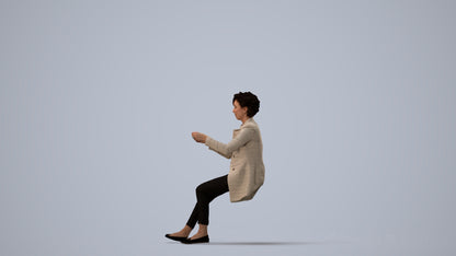 3D scanned woman sitting business, photorealistic archviz people for Enscape and SketchUp, three-quarter view render