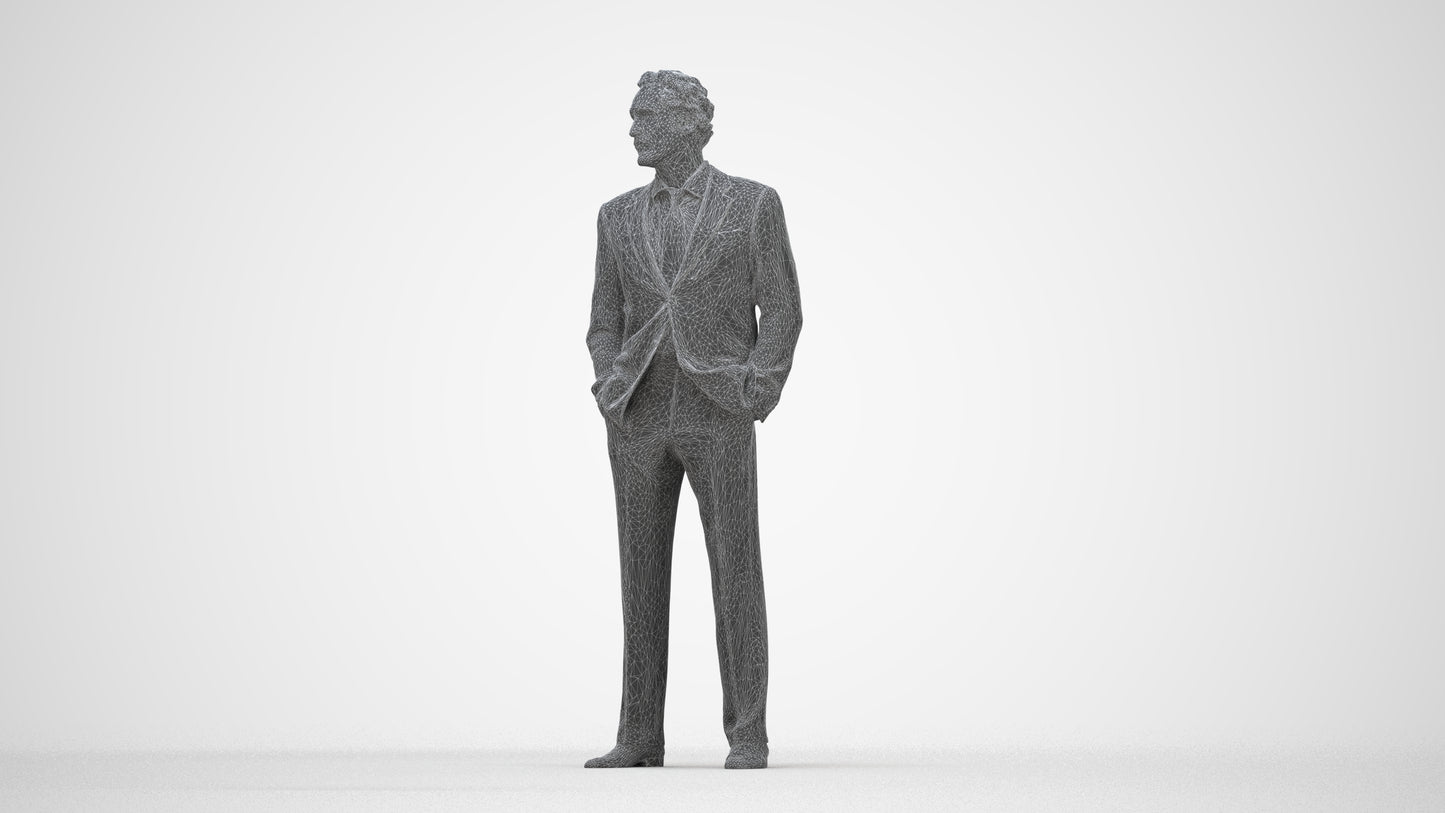 3D scanned man business, photorealistic archviz people for Enscape and SketchUp, wireframe back view