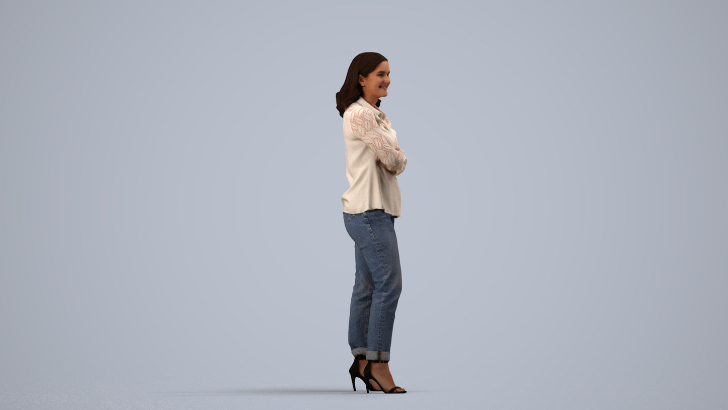 3D scanned woman standing casual, photorealistic archviz people for Enscape and SketchUp, side view render