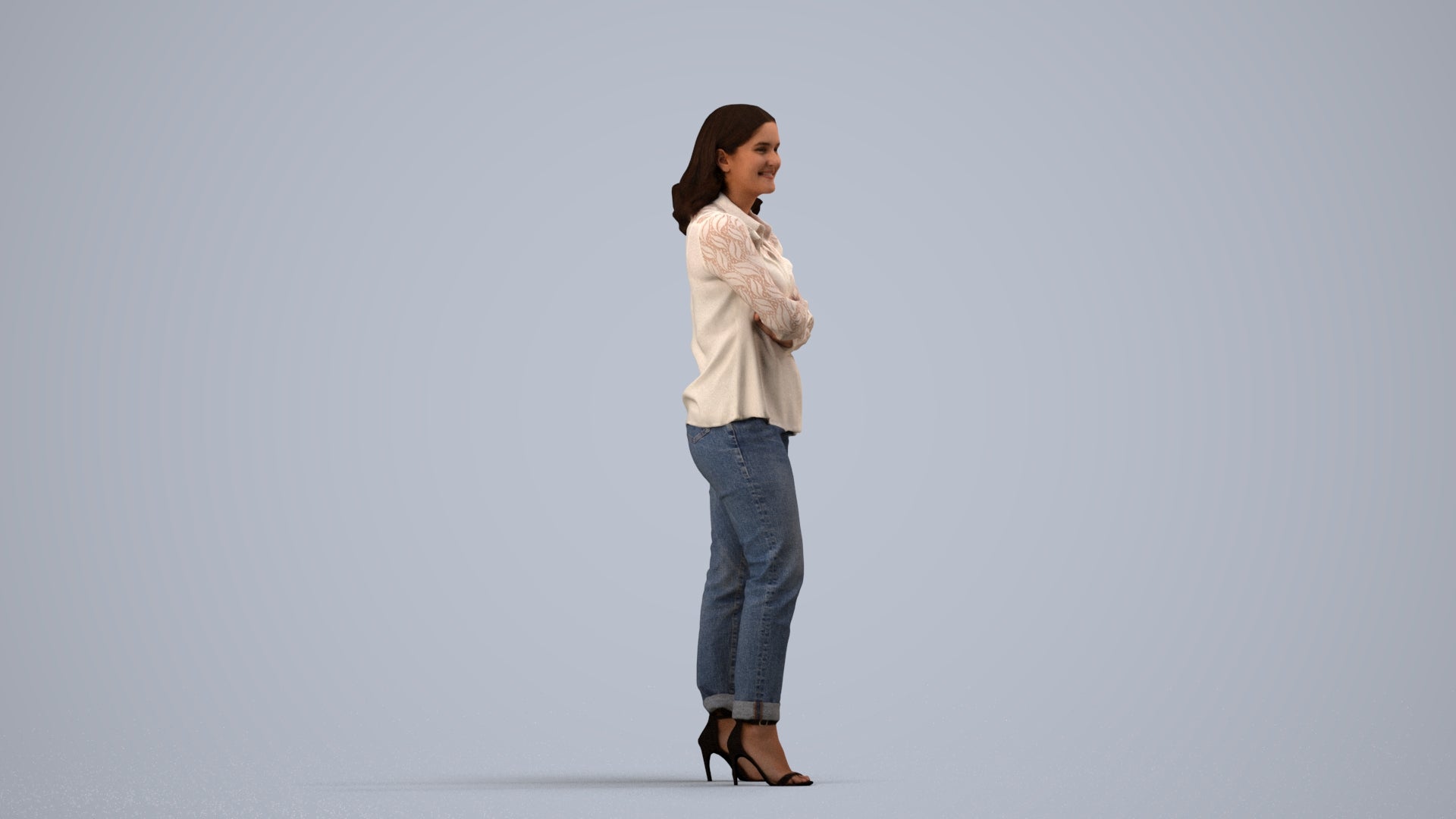 3D scanned woman standing casual, photorealistic archviz people for Enscape and SketchUp, side view render