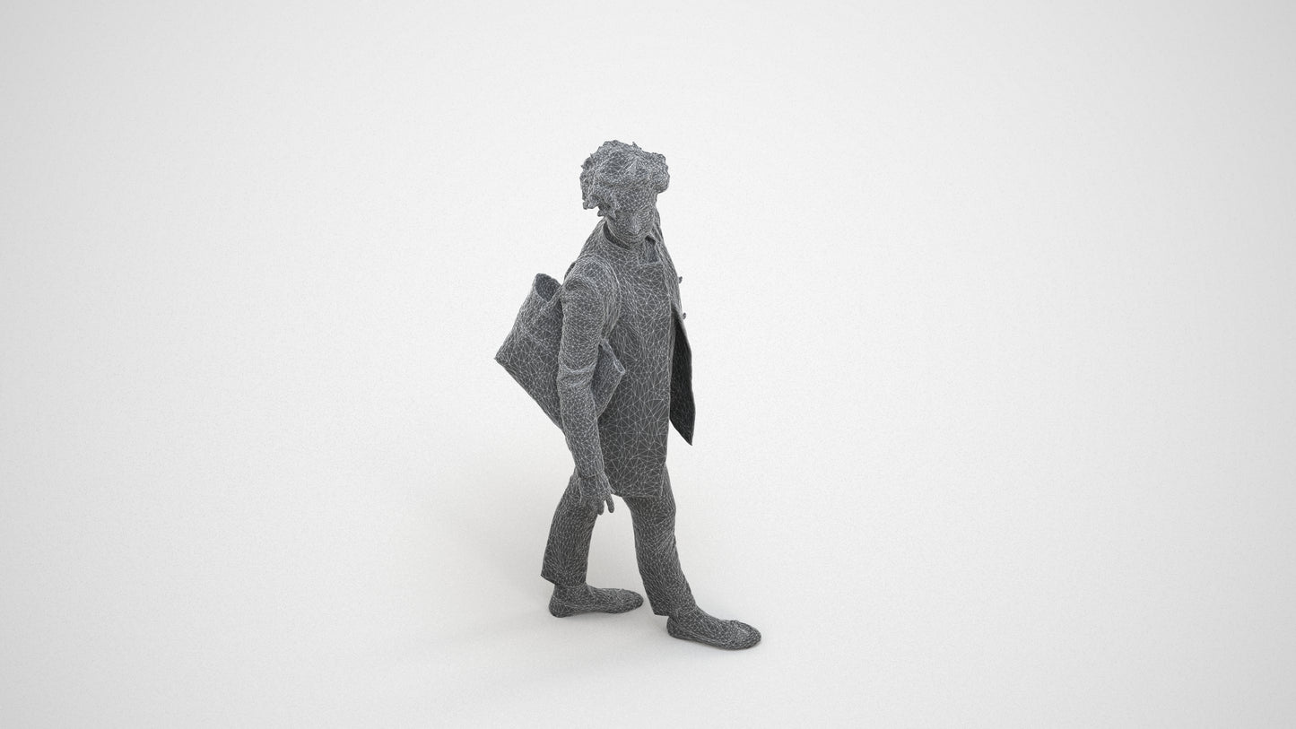 3D human model woman business walking, photogrammetry scanned person for archviz, wireframe three-quarter view