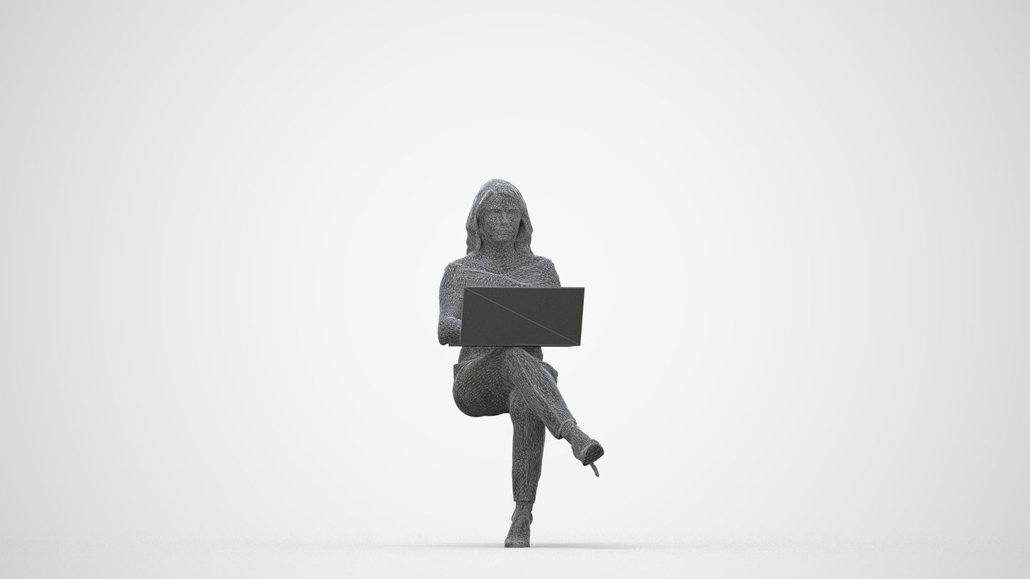 realistic 3D human woman business sitting, archviz people FBX OBJ for Blender, wireframe back view