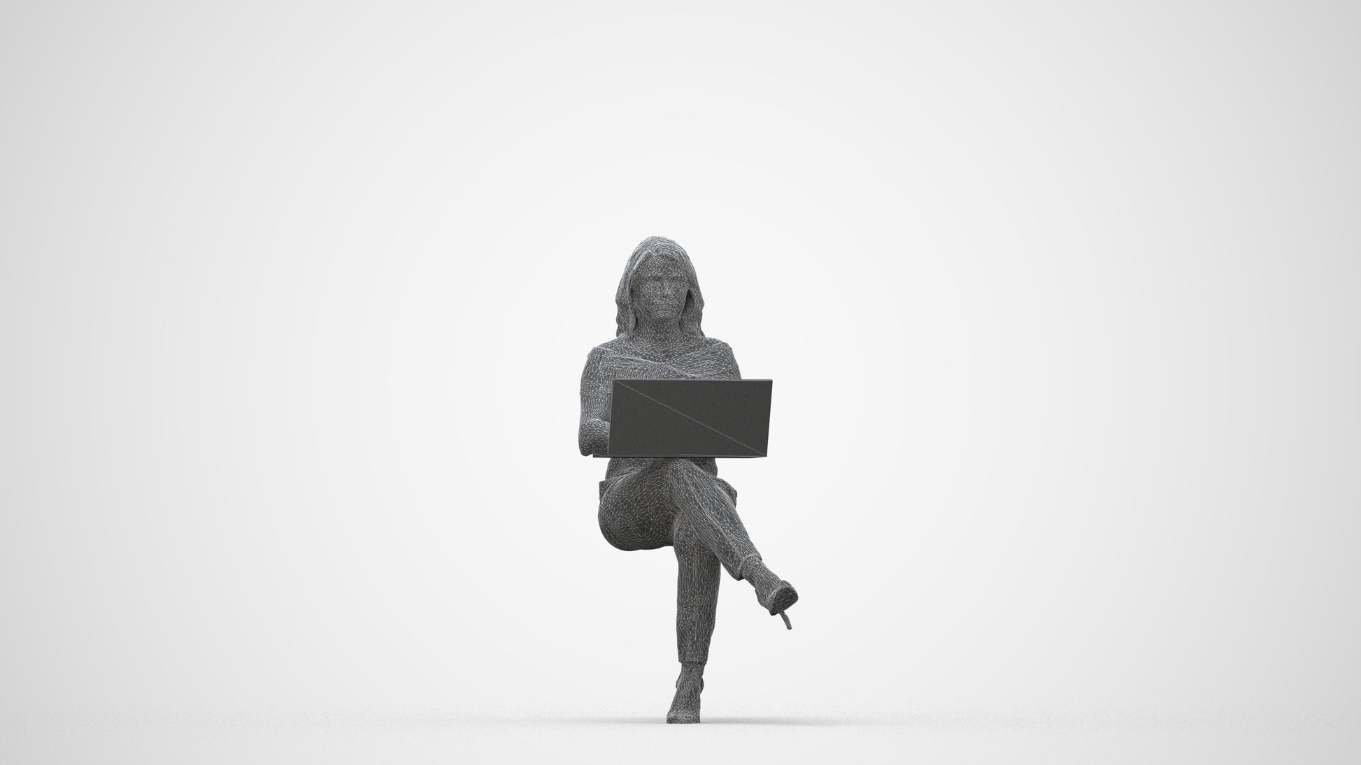 realistic 3D human woman business sitting, archviz people FBX OBJ for Blender, wireframe back view