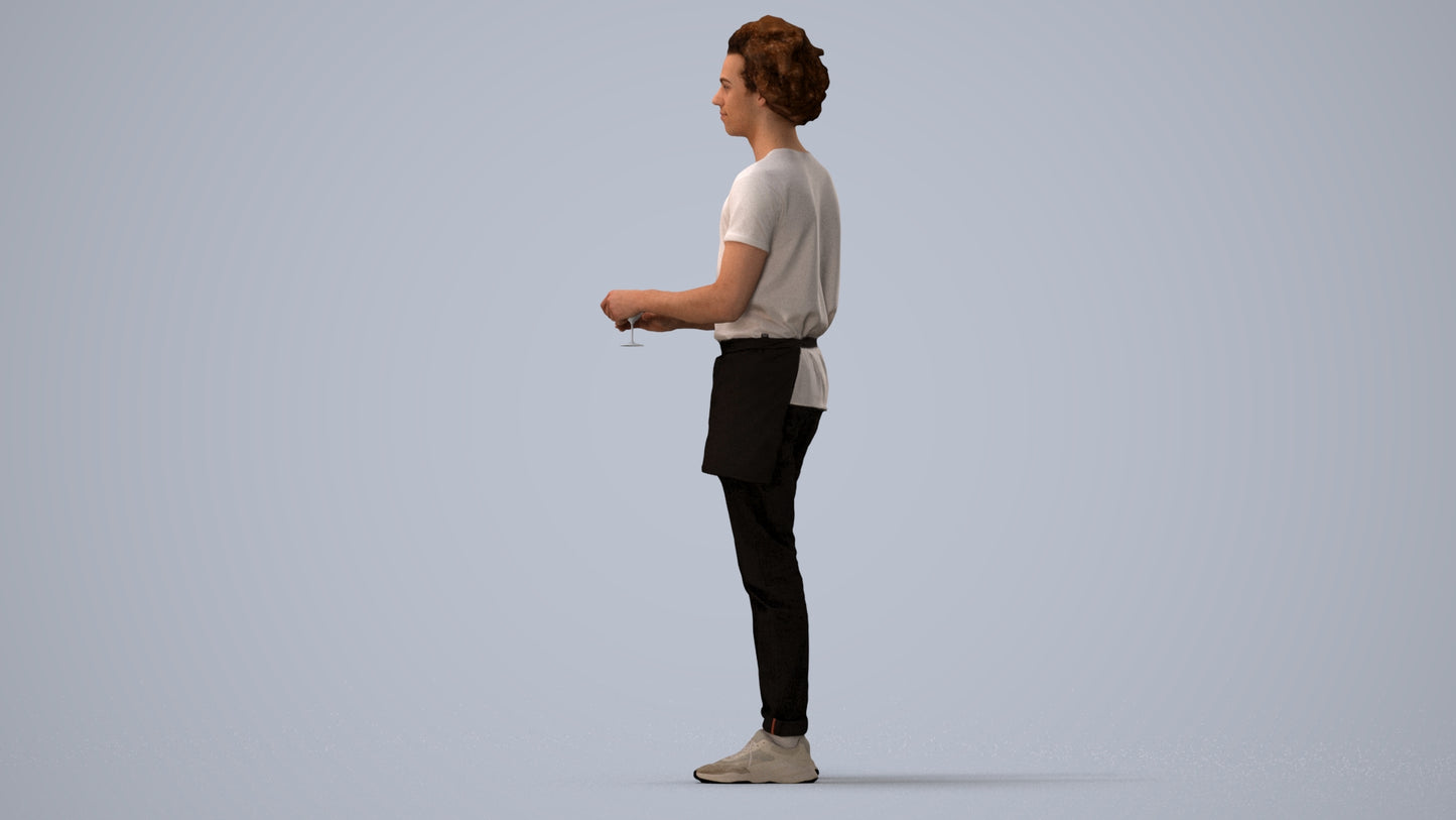 scanned 3D man hospitality, photogrammetry people for Enscape and V-Ray, three-quarter view render