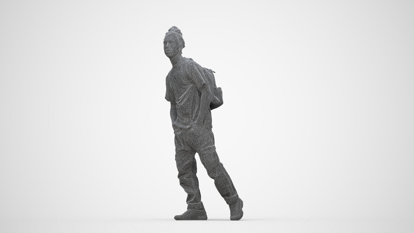 3D human model man casual walking, photogrammetry scanned person for archviz, wireframe back view