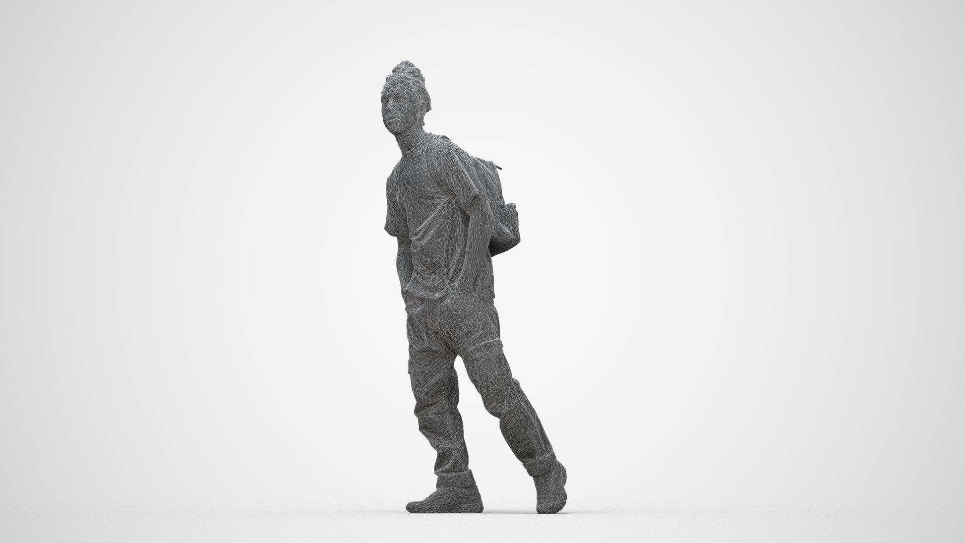 3D human model man casual walking, photogrammetry scanned person for archviz, wireframe back view