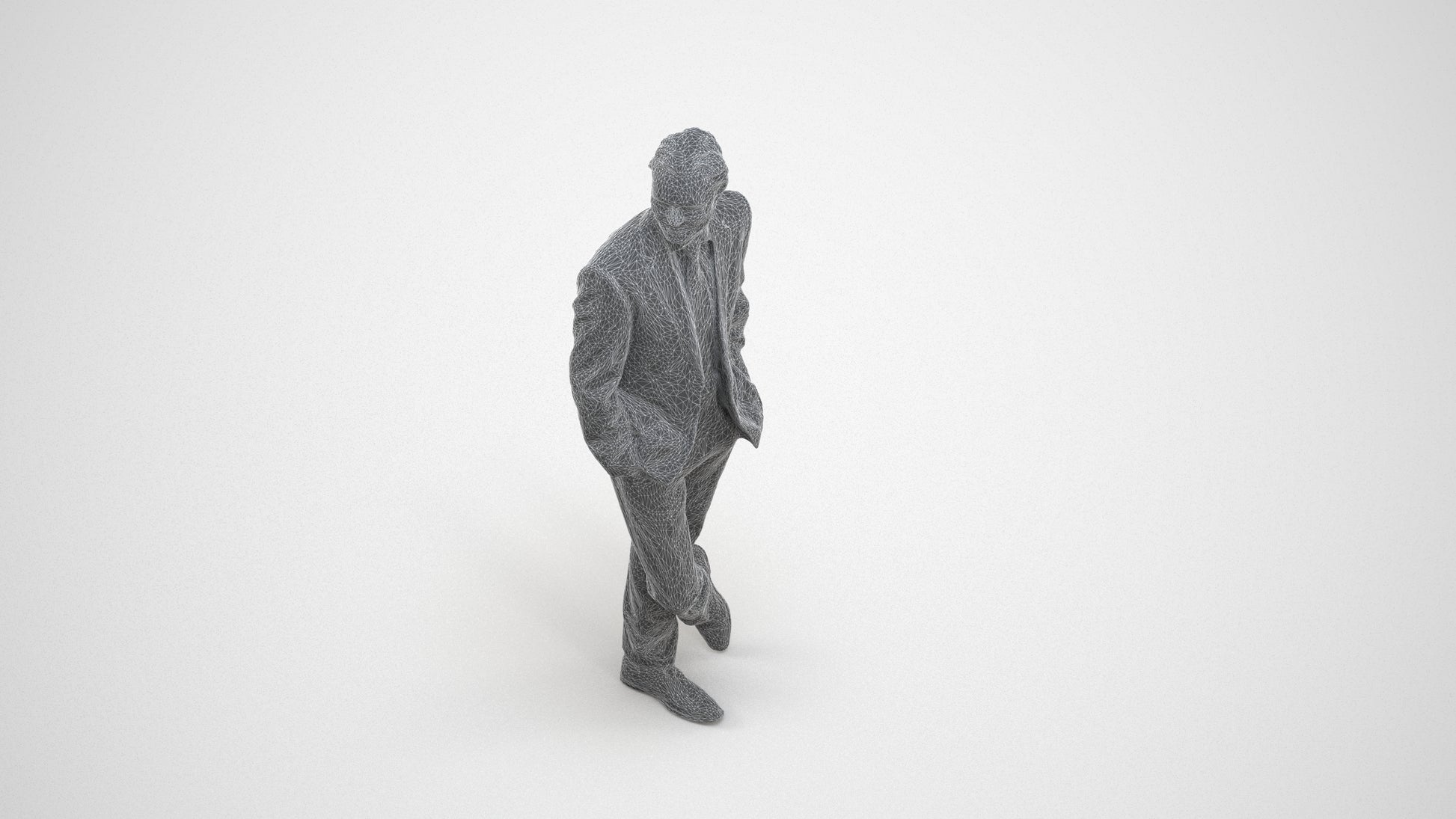 3D human model man business standing, photogrammetry scanned person for archviz, wireframe three-quarter view