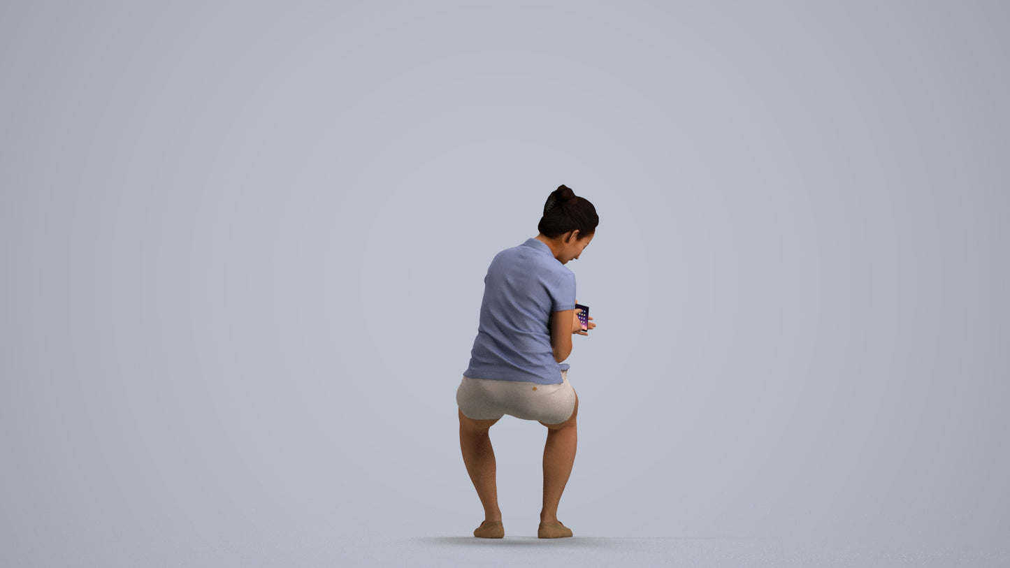 realistic 3D woman casual sitting, scanned archviz people for Blender and 3ds Max, front view render