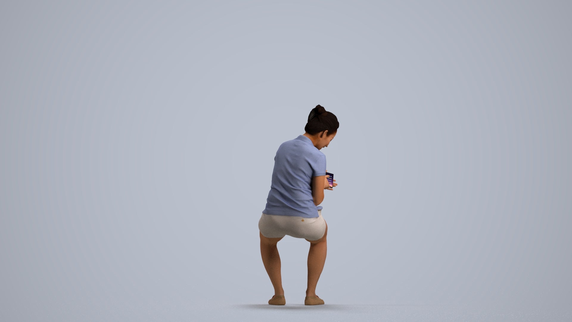 realistic 3D woman casual sitting, scanned archviz people for Blender and 3ds Max, front view render