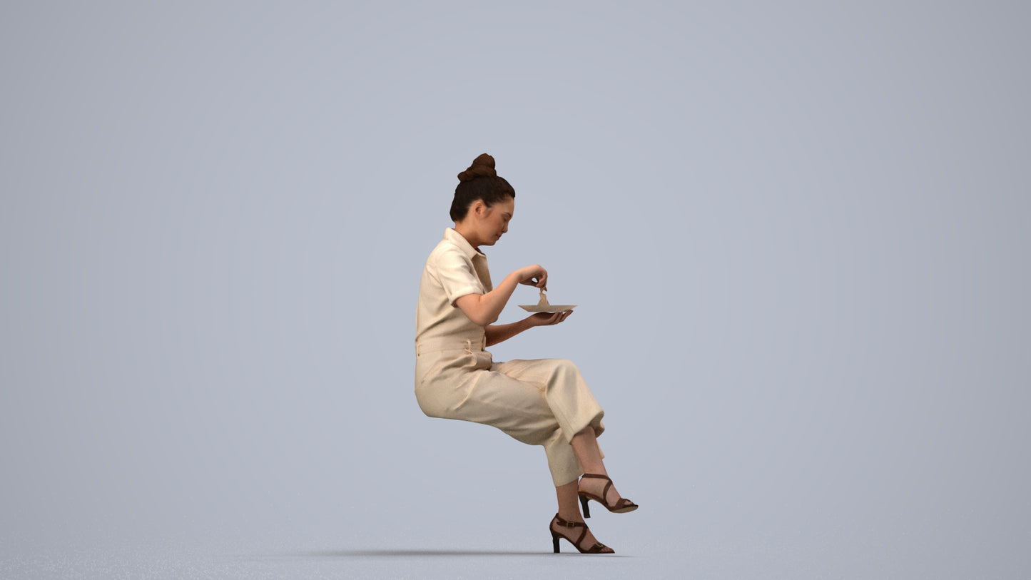 photogrammetry 3D woman formal sitting, realistic human model archviz FBX, side view render