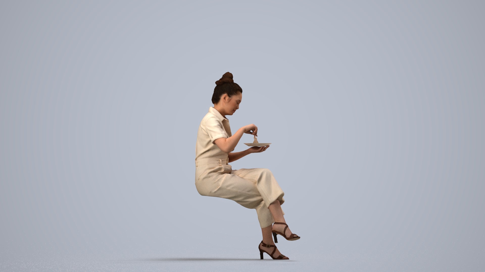 photogrammetry 3D woman formal sitting, realistic human model archviz FBX, side view render