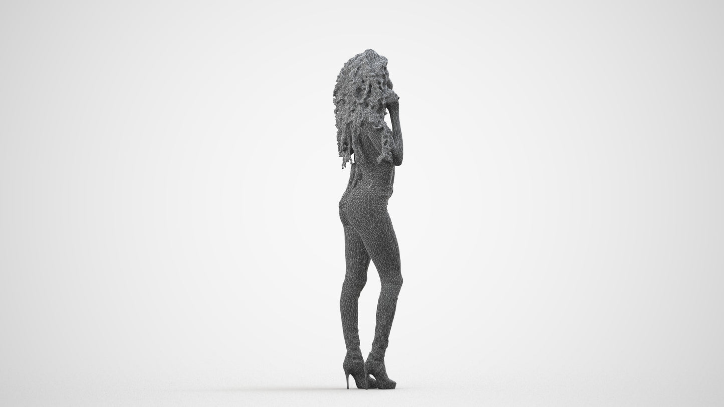 realistic 3D woman casual standing, scanned archviz people for Blender and 3ds Max, wireframe side view