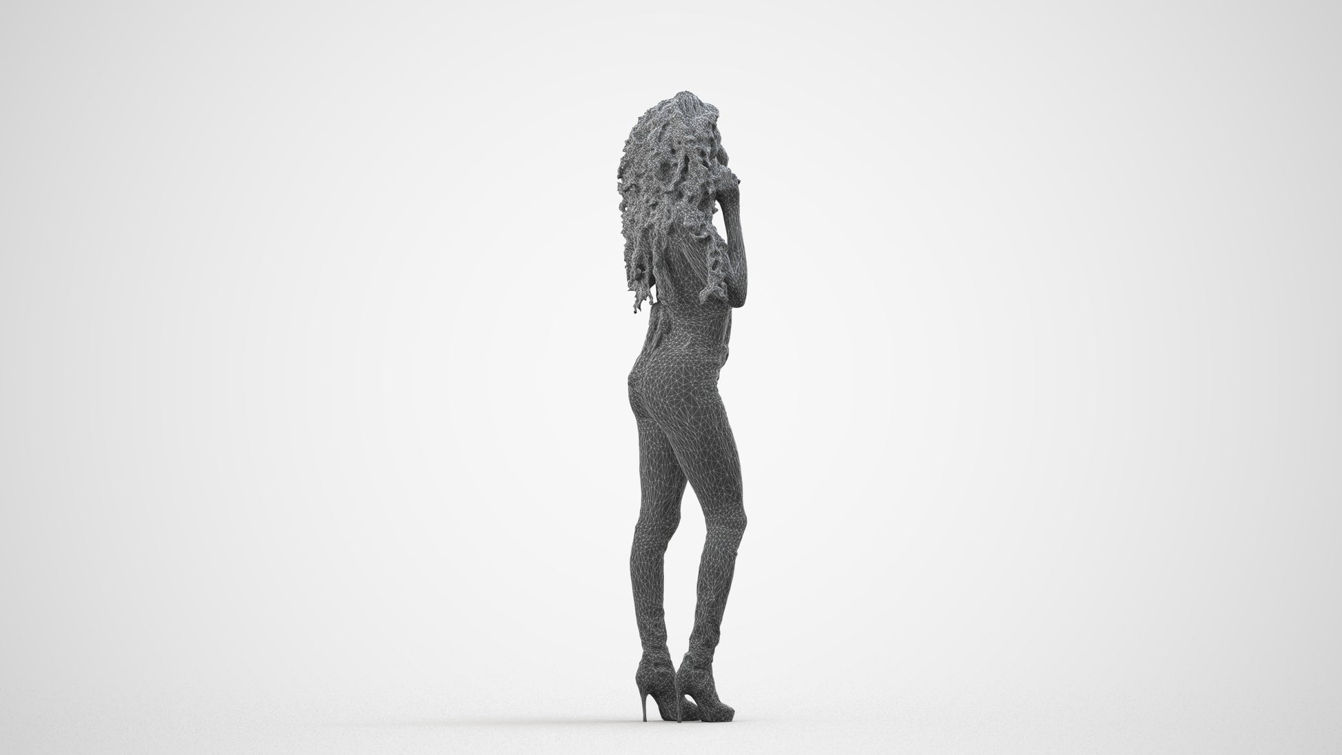 realistic 3D woman casual standing, scanned archviz people for Blender and 3ds Max, wireframe side view