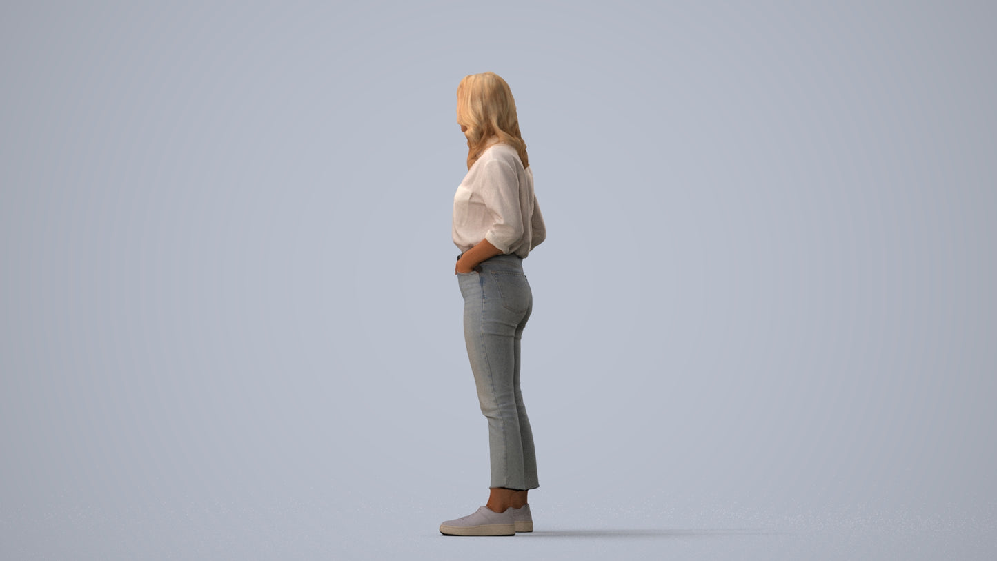 realistic 3D woman casual standing, scanned archviz people for Blender and 3ds Max, three-quarter view render