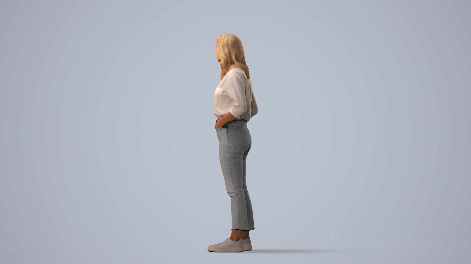 realistic 3D woman casual standing, scanned archviz people for Blender and 3ds Max, three-quarter view render