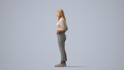 realistic 3D woman casual standing, scanned archviz people for Blender and 3ds Max, three-quarter view render