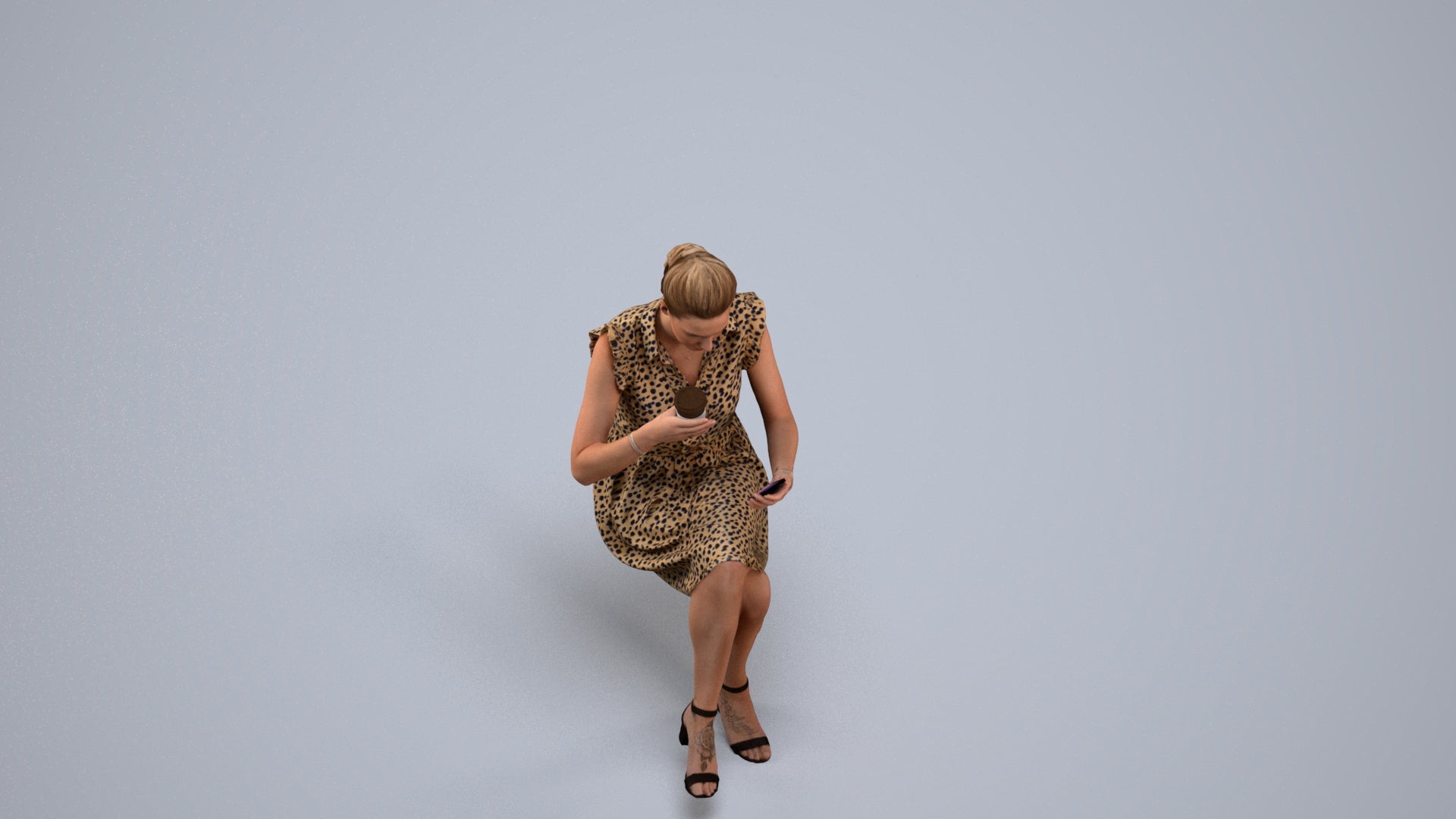 3D scanned woman sitting casual, photorealistic archviz people for Enscape and SketchUp, back view render