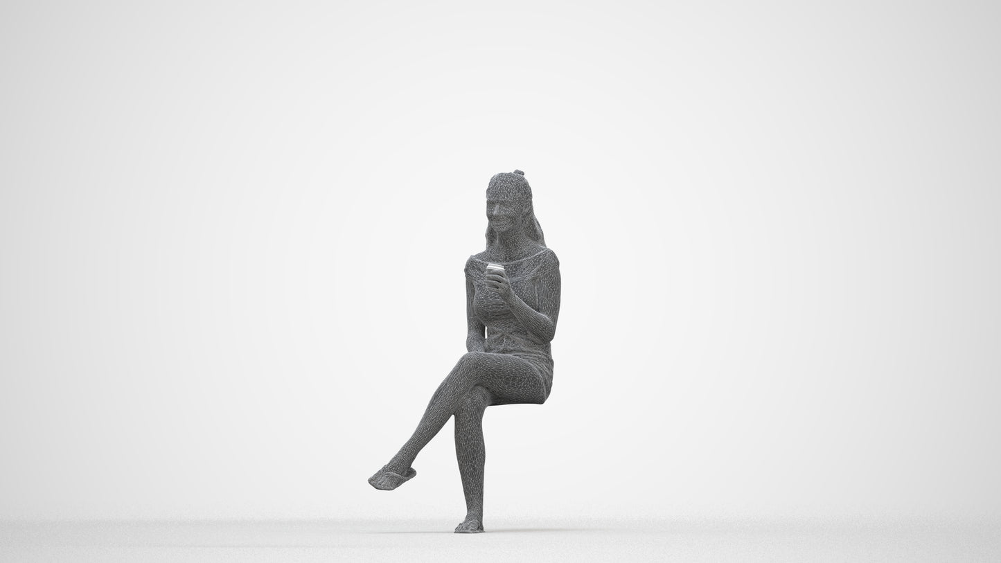 realistic 3D people girl casual sitting, render-ready for V-Ray and Corona, FBX OBJ, wireframe back view