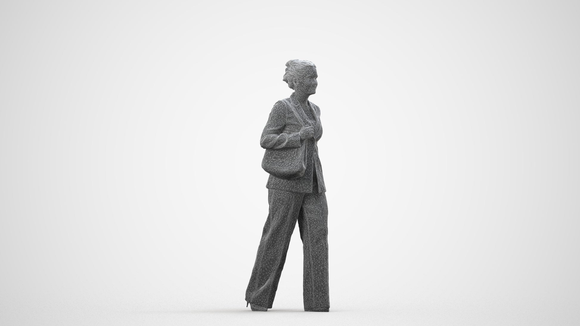 realistic 3D human woman business standing, archviz people FBX OBJ for Blender, wireframe side view