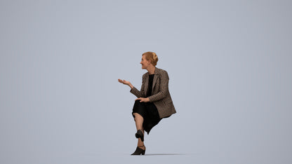 3D human model woman business sitting, photogrammetry scanned person for archviz, top-down view render