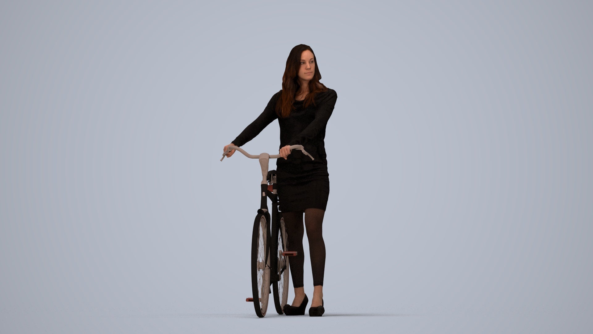 3D people model woman business cycling, scanned human for 3ds Max rendering, top-down view render