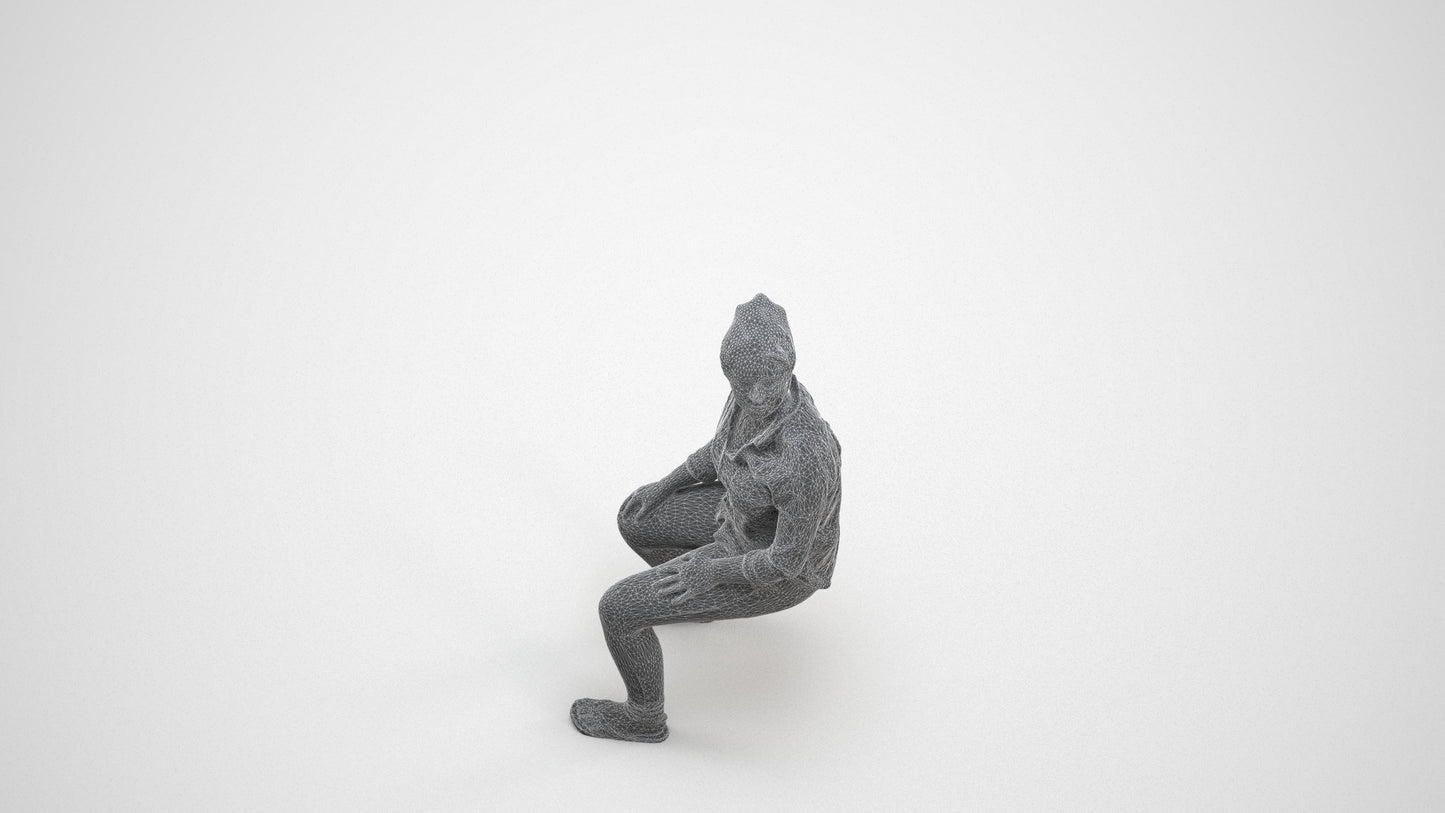 photogrammetry 3D woman casual sitting, realistic human model archviz FBX, wireframe three-quarter view