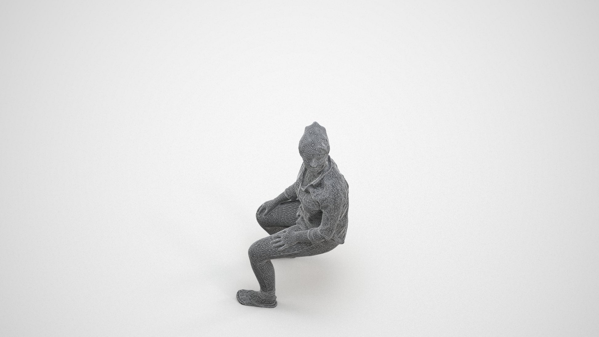 photogrammetry 3D woman casual sitting, realistic human model archviz FBX, wireframe three-quarter view