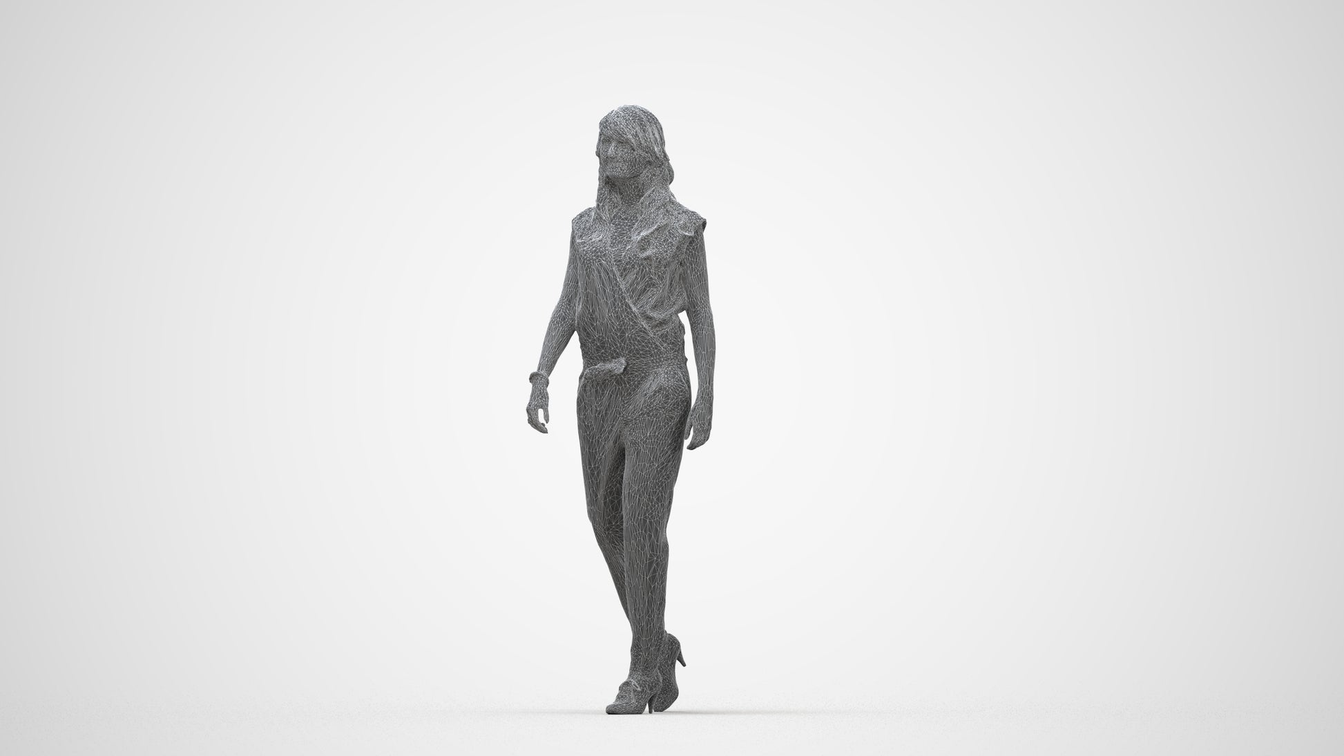 3D scanned woman walking casual, photorealistic archviz people for Enscape and SketchUp, wireframe back view