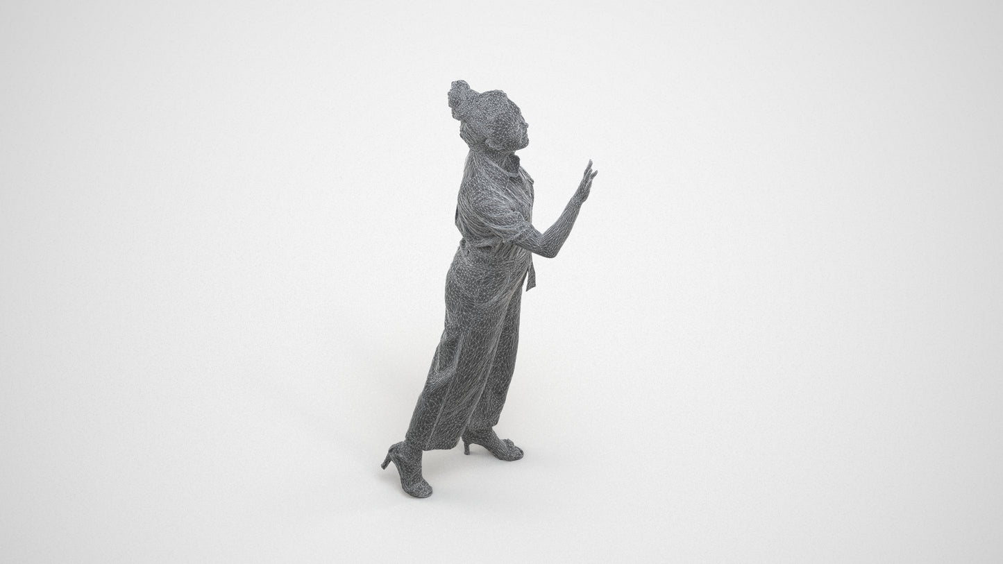 photogrammetry 3D woman business standing, realistic human model archviz FBX, wireframe three-quarter view
