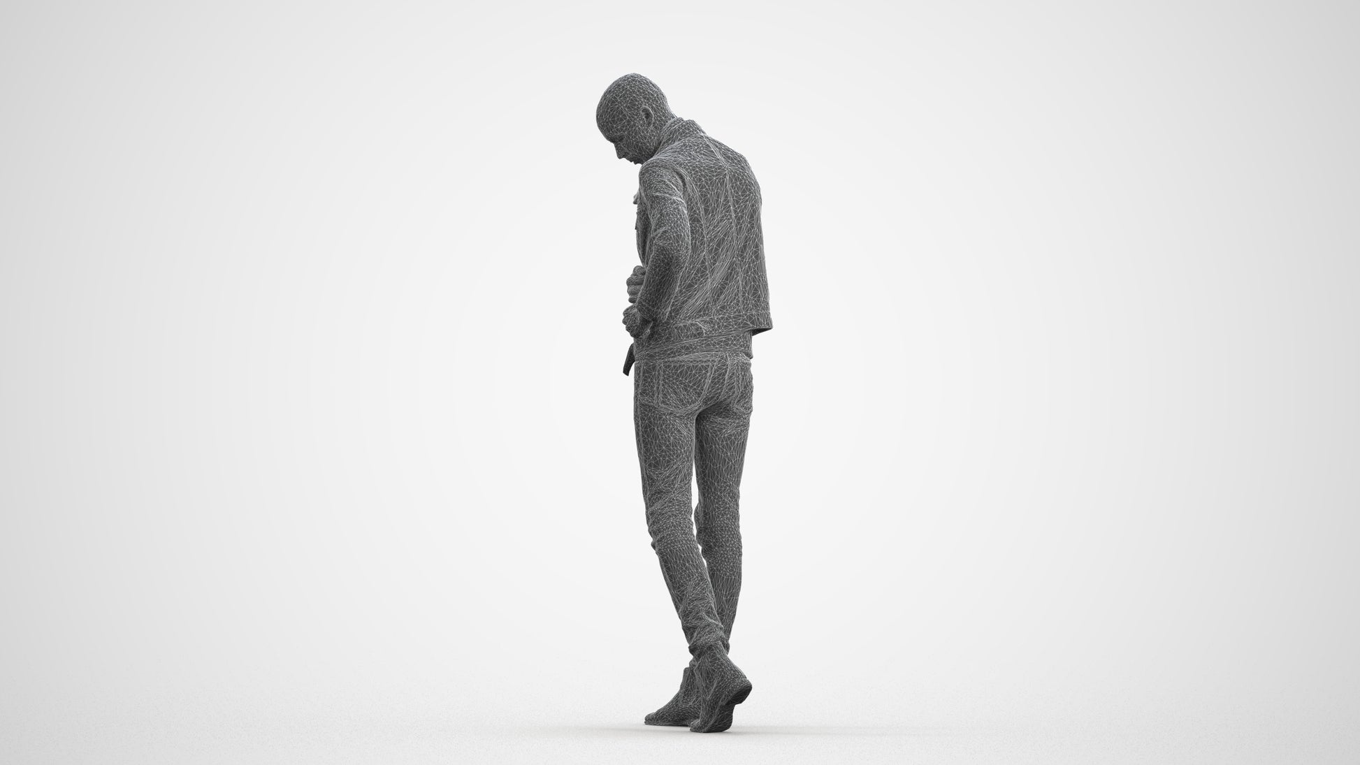 3D scanned man walking casual, photorealistic archviz people for Enscape and SketchUp, wireframe front view
