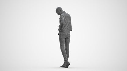 3D scanned man walking casual, photorealistic archviz people for Enscape and SketchUp, wireframe front view