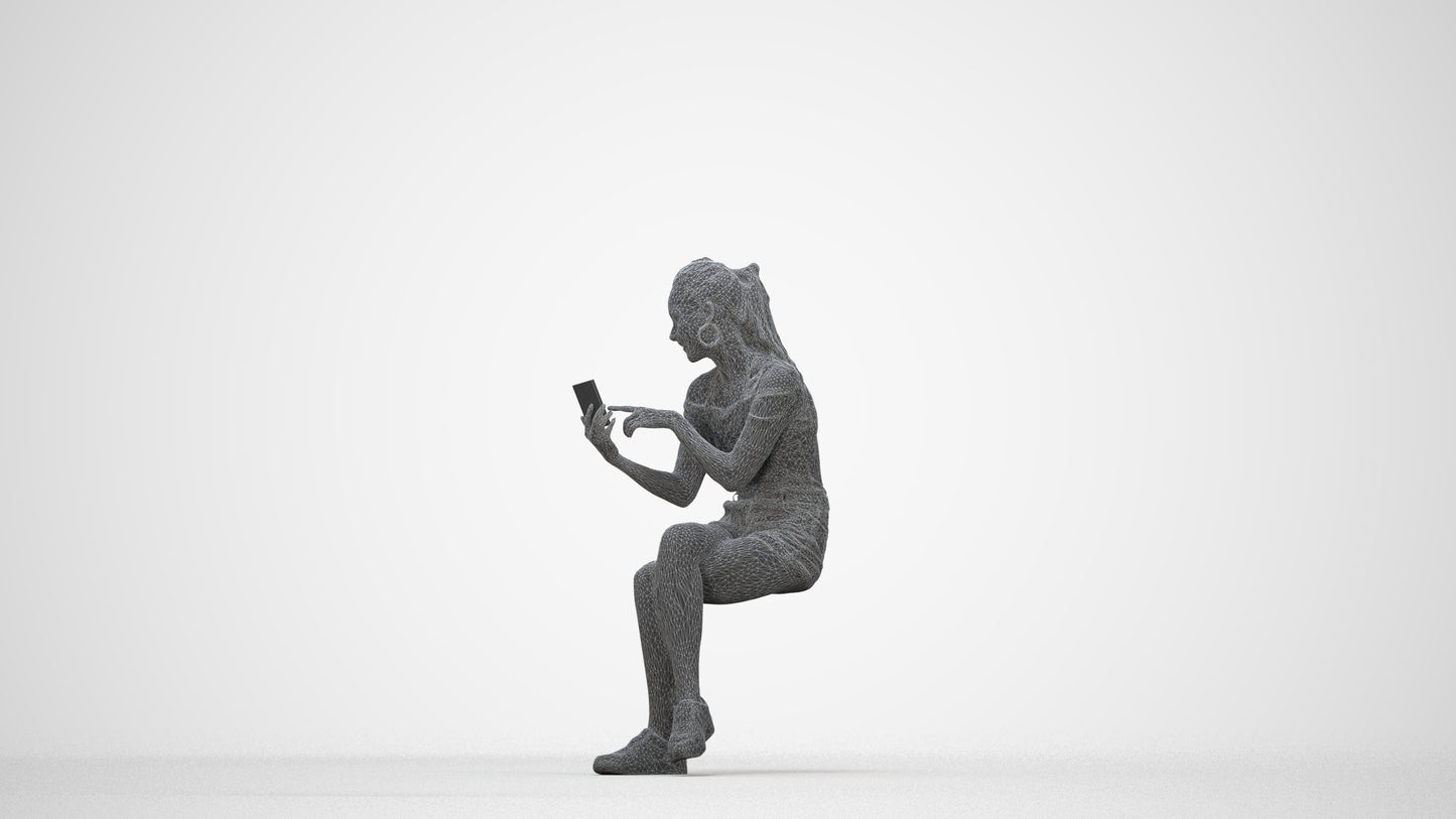 realistic 3D woman casual sitting, scanned archviz people for Blender and 3ds Max, wireframe back view
