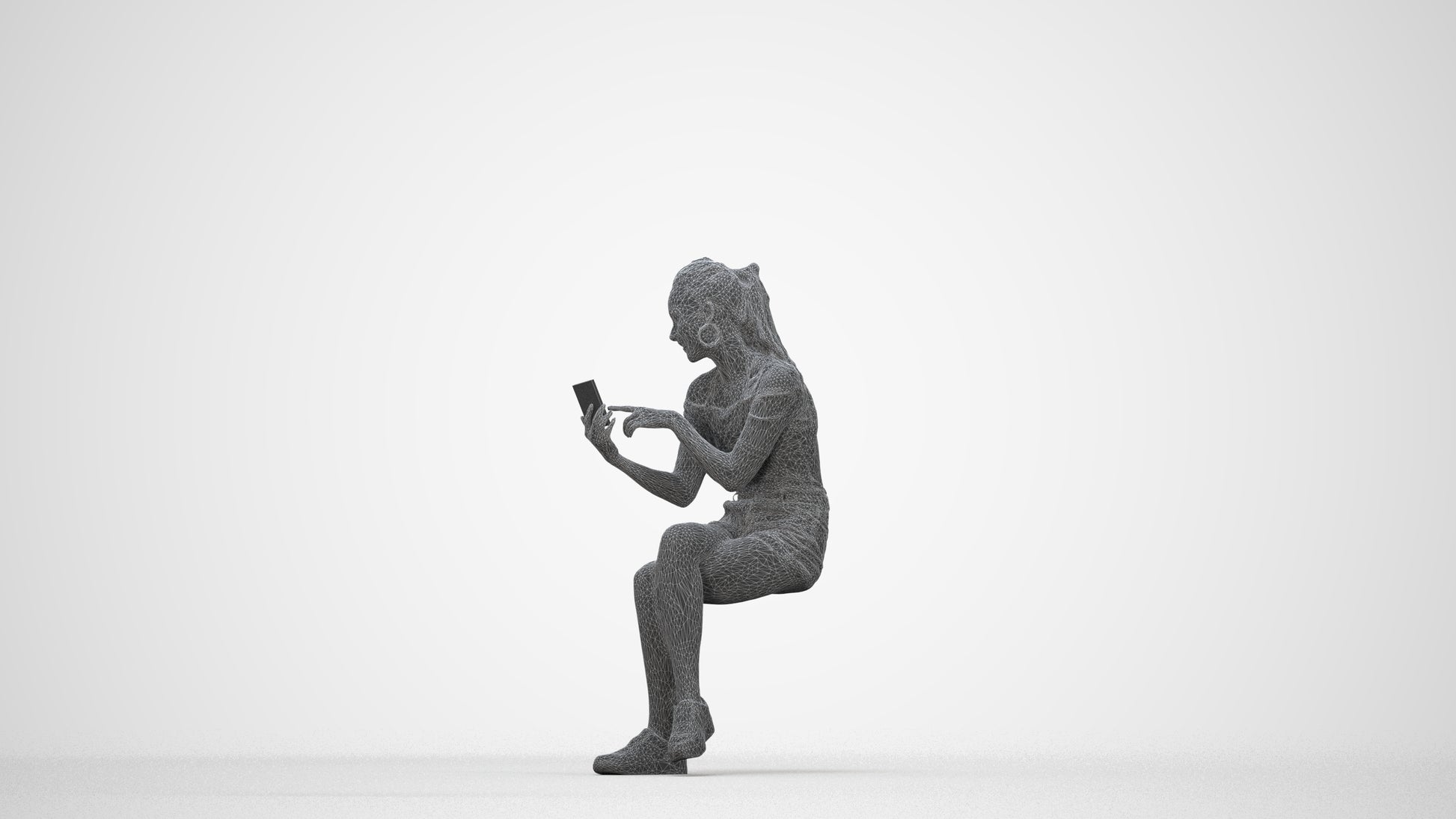 realistic 3D woman casual sitting, scanned archviz people for Blender and 3ds Max, wireframe back view