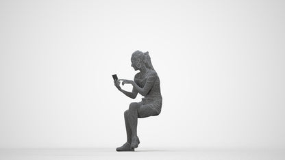 realistic 3D woman casual sitting, scanned archviz people for Blender and 3ds Max, wireframe back view