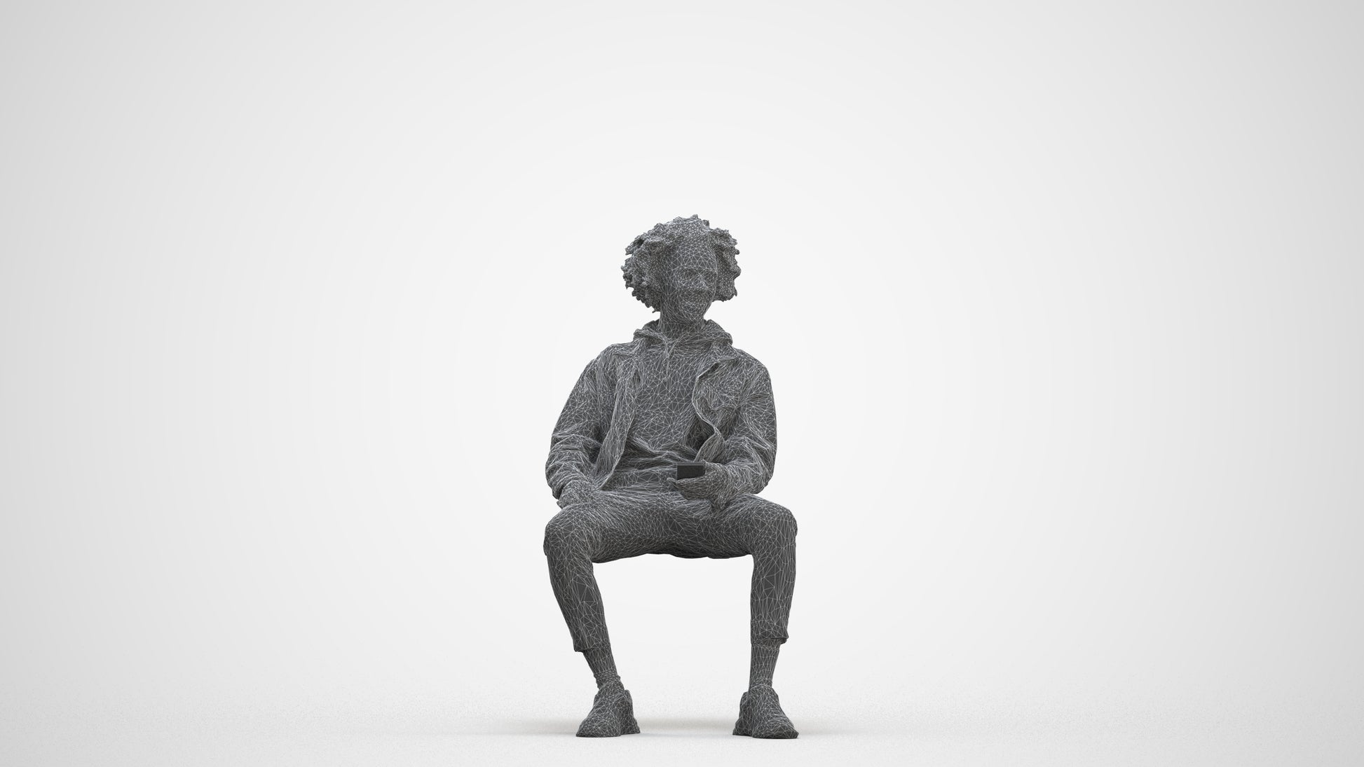 3D people model man casual sitting, scanned human for 3ds Max rendering, three-quarter front view render