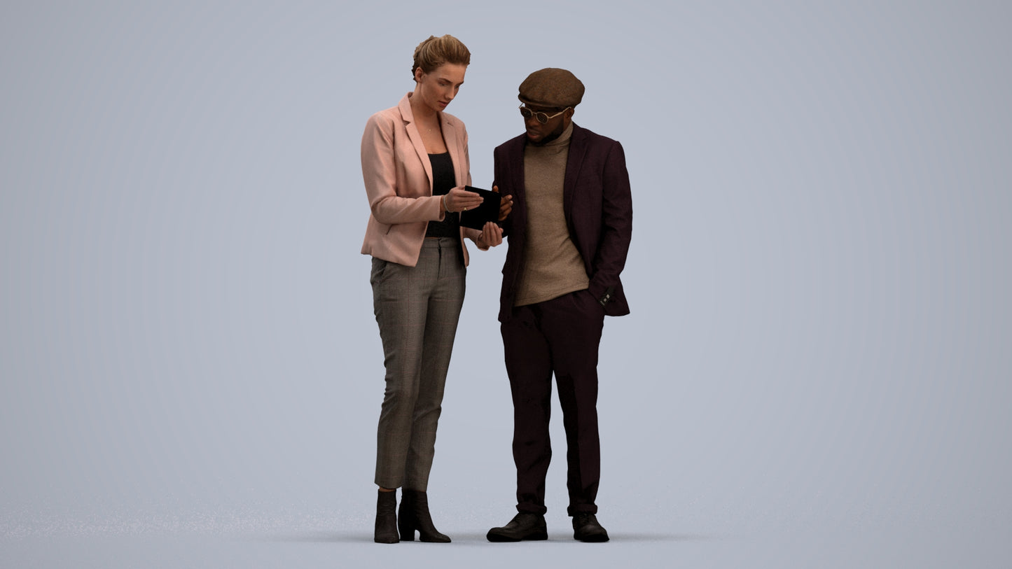 realistic 3D human woman business couple, archviz people FBX OBJ for Blender, standing pose render