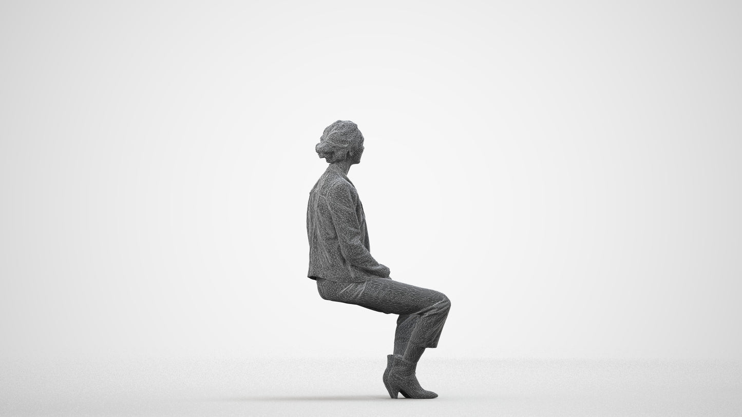 scanned 3D woman casual sitting, photogrammetry people for Enscape and V-Ray, wireframe side view