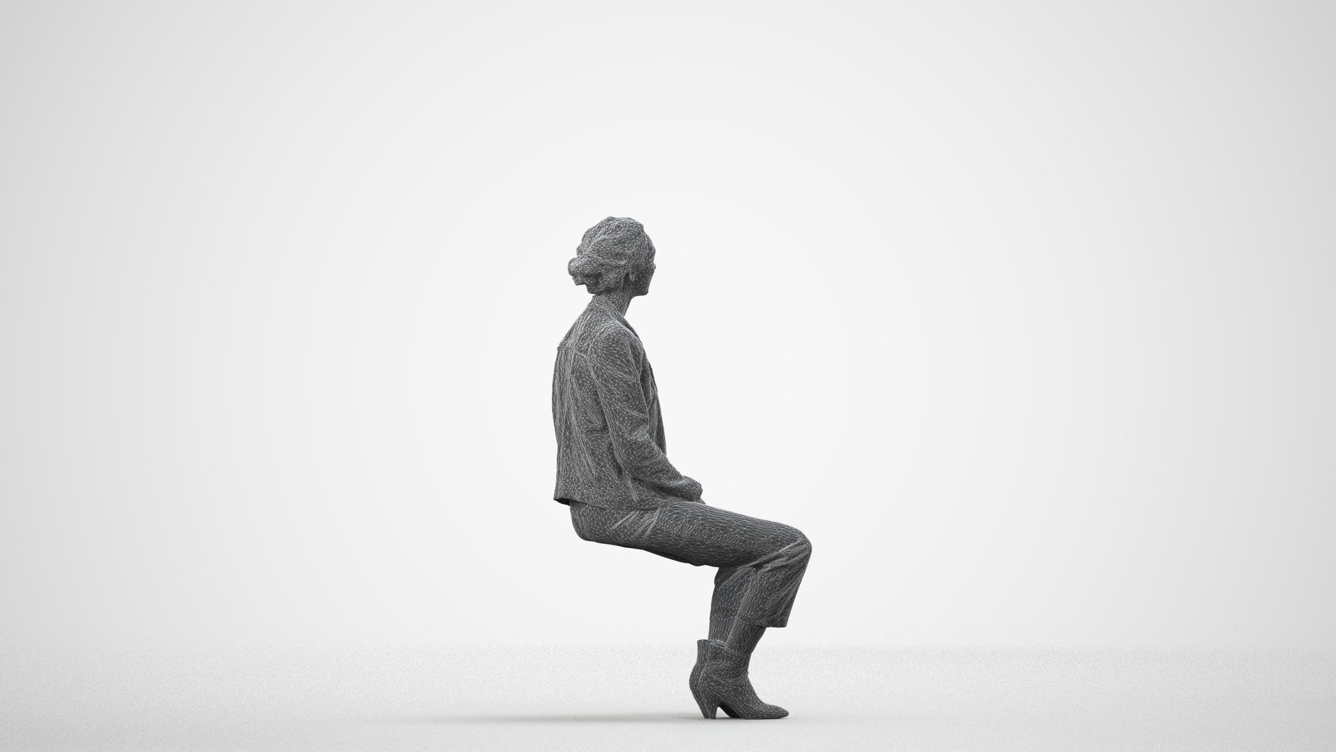 scanned 3D woman casual sitting, photogrammetry people for Enscape and V-Ray, wireframe side view