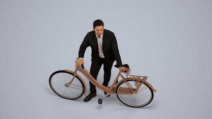 photogrammetry 3D man business cycling, realistic human model archviz FBX, back view render