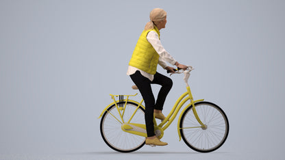 3D human model senior woman casual cycling, photogrammetry scanned person for archviz, side view render