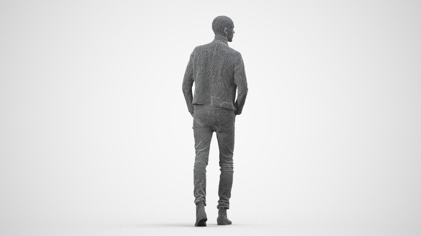 3D scanned man walking casual, photorealistic archviz people for Enscape and SketchUp, wireframe side view