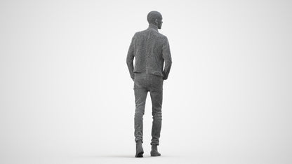 3D scanned man walking casual, photorealistic archviz people for Enscape and SketchUp, wireframe side view